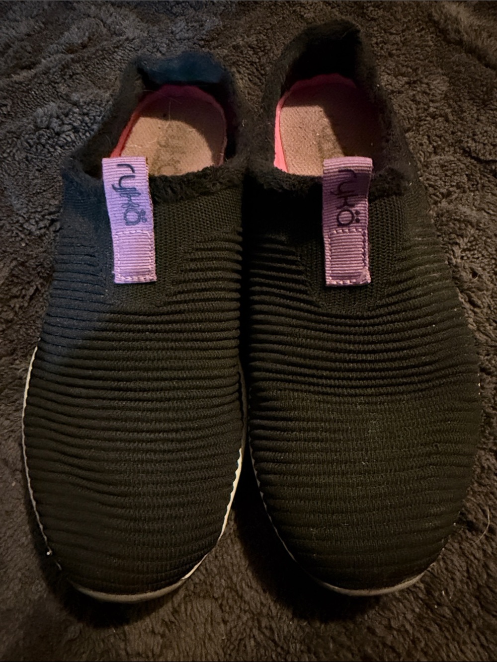 Ryka Black Knit Slip-On Mules with Purple Pull Tabs